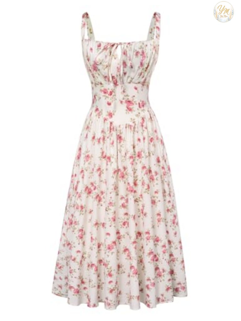 Floral Corset Midi Dress With Pockets, Adjustable Straps, Square Neck, Smocked